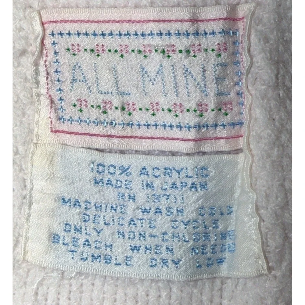 VTG All Mine Bunny Knit Baby Blanket Acrylic‎ Pastel Pink Blue Yellow Japan Made